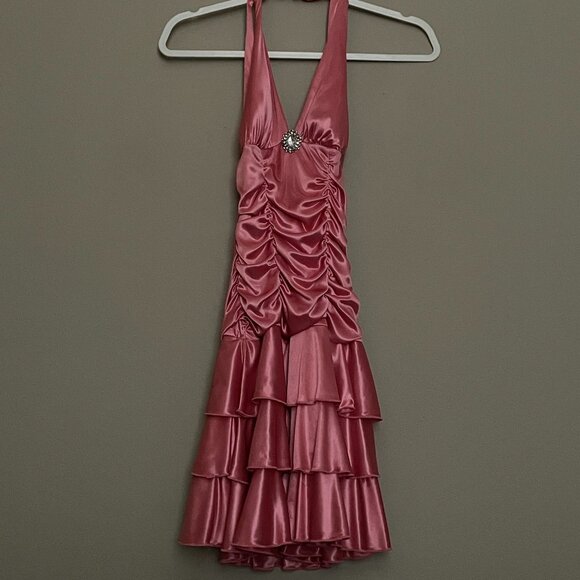 XOXO, S, Midi, Halter Neck, Silky, Ruched, Layered Ruffle, Cocktail Dress - Picture 1 of 6